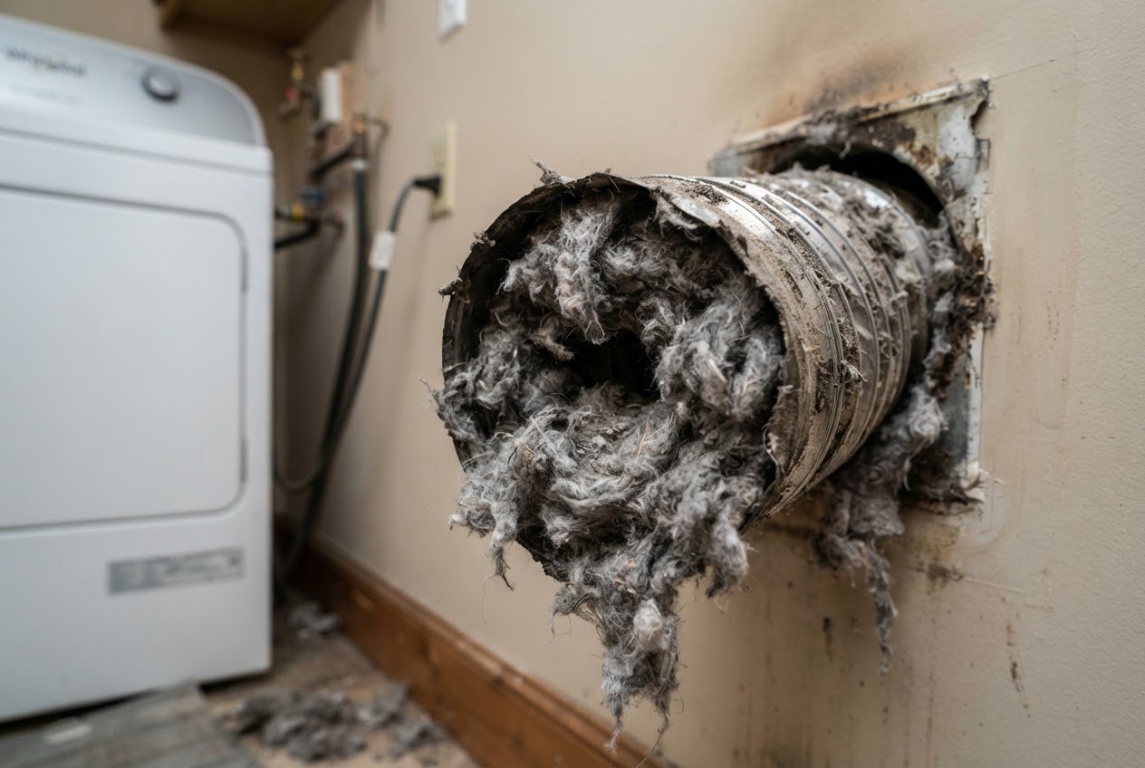 Clogged dryer vent filled with lint